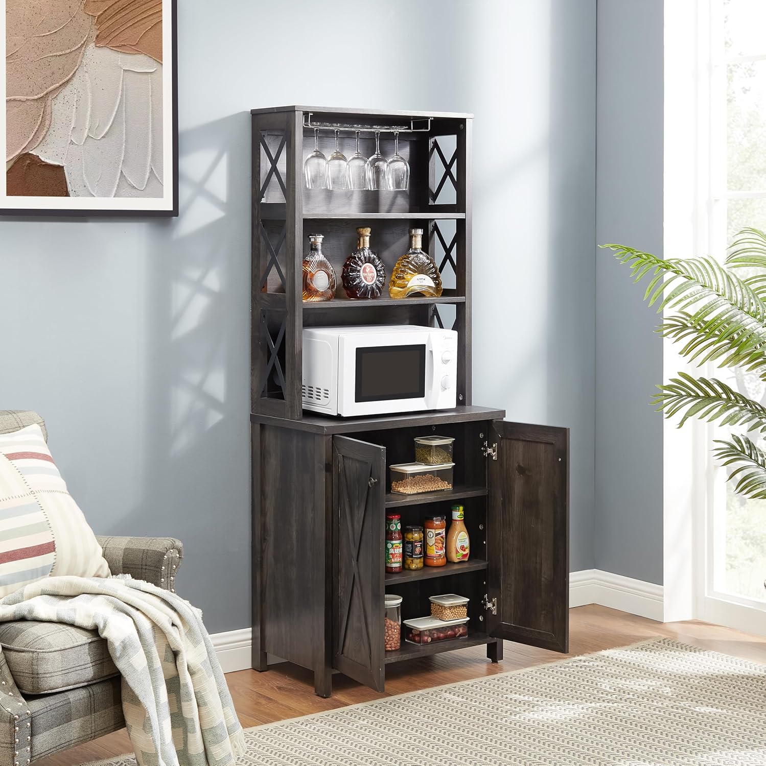 CHARMMA Coffee Bar Cabinet Kitchen Cabinet with Microwave Stand Metal Frame Side Home Source Bar Cabinet Cabinet and Hollow out Barn Design Wood