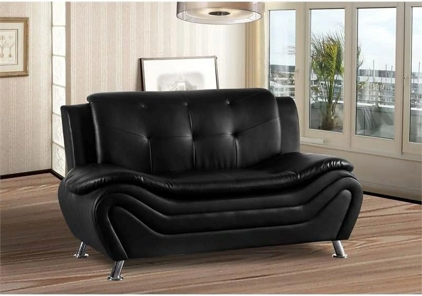 Faux Leather Loveseat Sofa For Living Room In Black