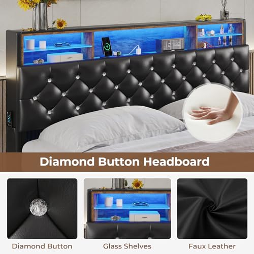 ADORNEVE King Size Floating Bed Frame with LED Lights & Hidden Storage Headboard