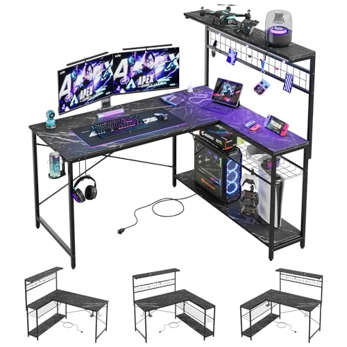 Bestier 42 L Gaming Desk,Computer Desk with Power Outlets, LED Lights, Reversible Corner Desk with 4-Tier Shelves,Cup Holder & Hook Carbon Fiber Black