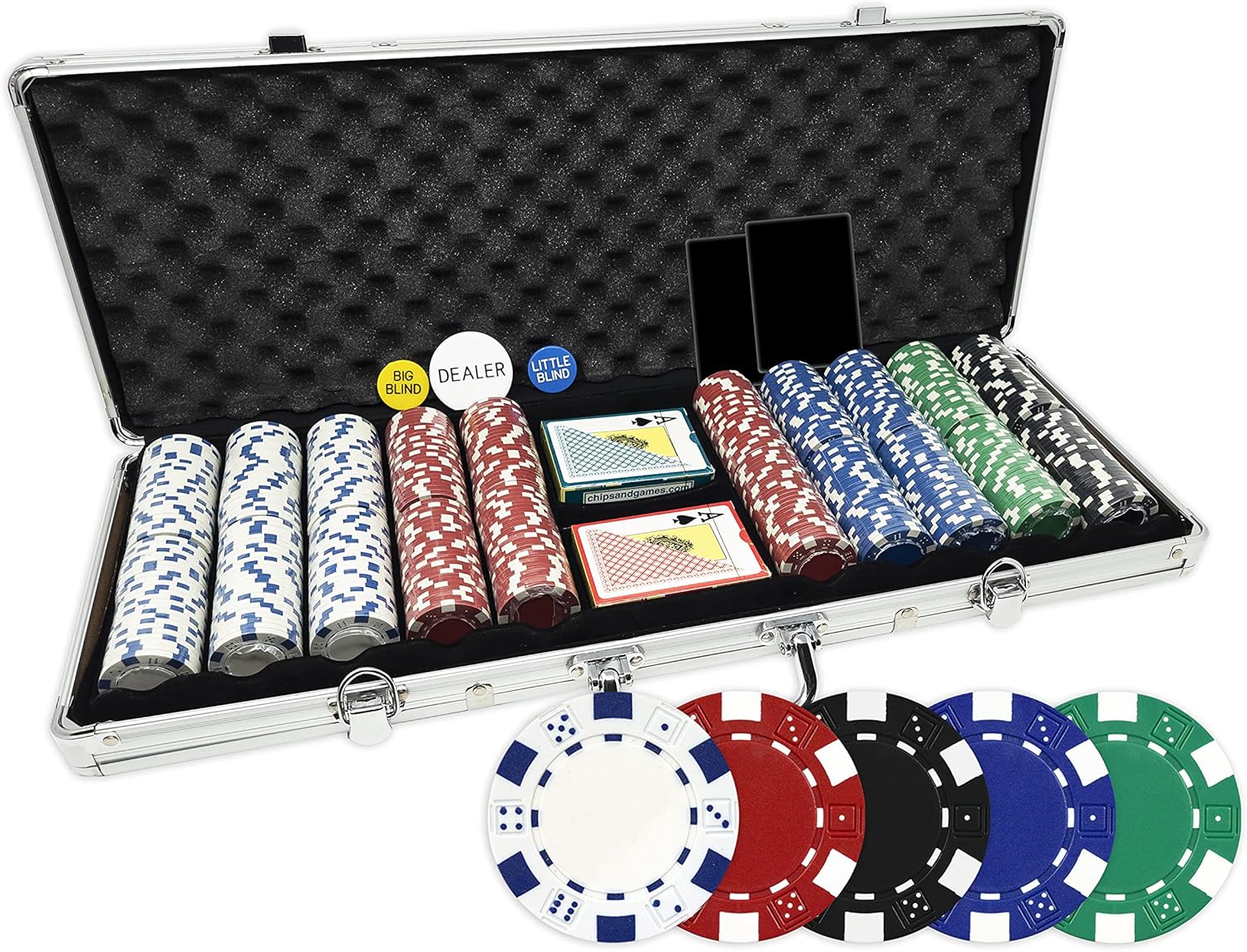 Da Vinci 500 Piece Executive 11.5 Gram Poker Chip Set with Case, 2 Decks of Plastic Playing Cards, Dealer Buttons and 2 Cut Cards - Dice Striped