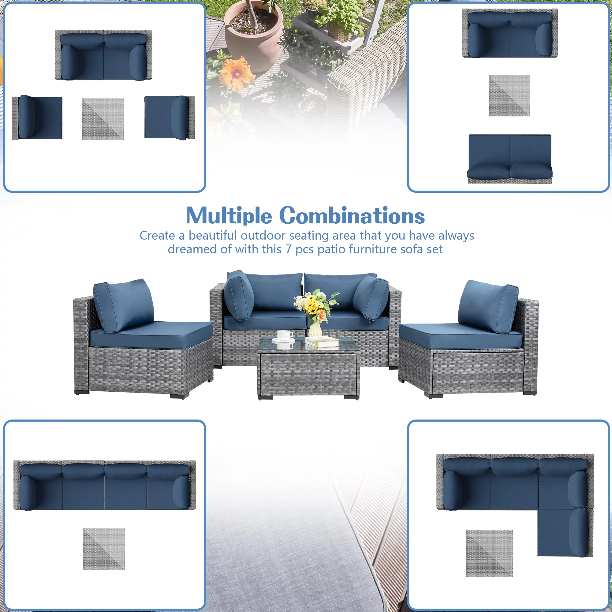 5 Pieces Patio Furniture Sets, Wicker Outdoor Sectional Furniture with Glass Table and Cushions, Rattan Patio Conversation Sets(Aegean Blue)
