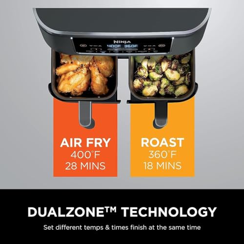 Ninja DZ401 Foodi 10 Quart 6-in-1 DualZone XL 2-Basket Air Fryer with 2 Independent Frying Baskets, Match Cook & Smart Finish to Roast, Broil