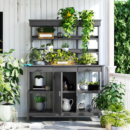 Merax 66" Large Outdoor Farmhouse Wooden Potting Bench Table, Garden Workstation with 2 Drawers, Cabinet, and Open Shelves for Backyard, Mudroom