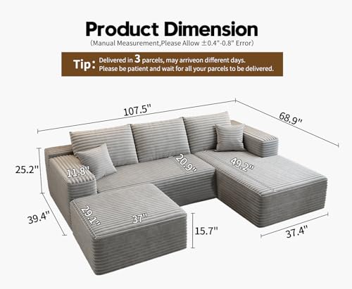 107.5" Cloud Modular Sectional Sofa with 1 Ottoman,Modern Minimalist Upholstered Couches, Comfort U Shaped Sofa for Living Room