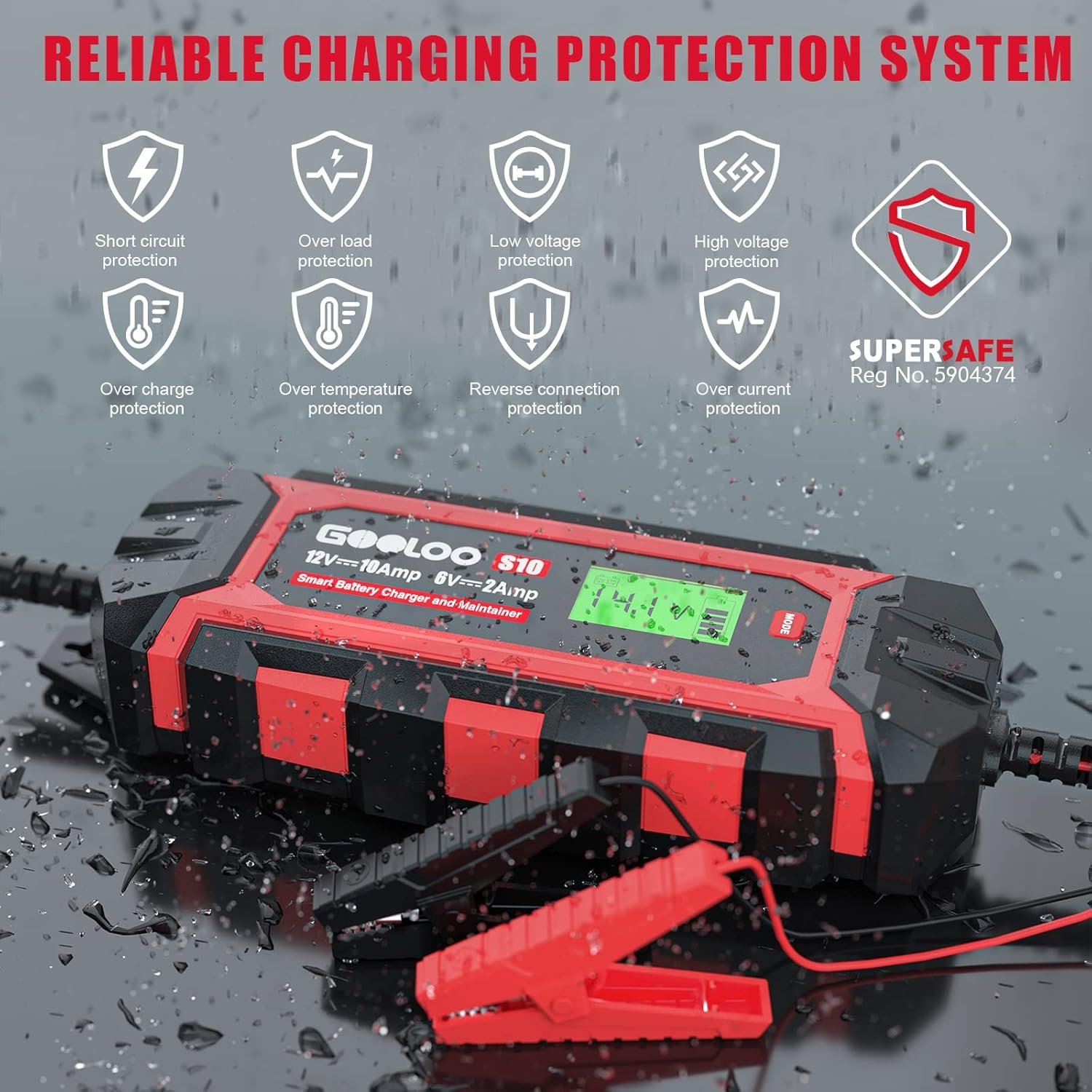 GOOLOO 10-Amp Car Battery Charger, 6V and 12V Fully Automatic Battery Charger Maintainer, Trickle Charger