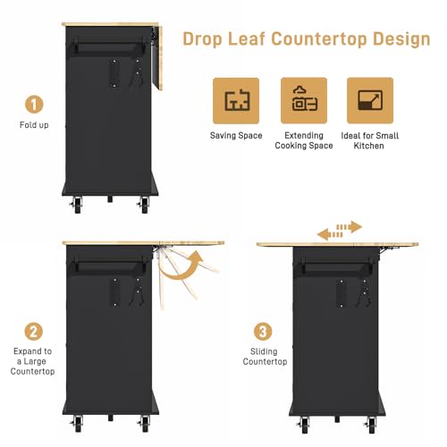 55" Movable Kitchen Island with Drop Leaf and Power Outlet, Rolling Island Cart w/Storage Cabinet, Island Table on Wheels for Kitchen w/2 Drawers