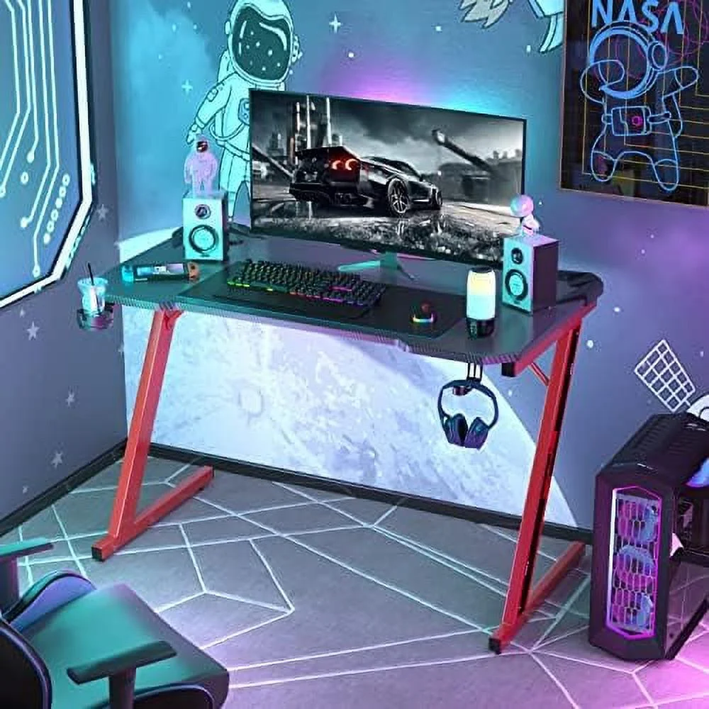 CGFHYP Gaming Desk  Computer Desk with Carbon Fiber Surface  Gaming Table Z Shaped PC Gaming Workstation Home Office Desks with Cup Holder and