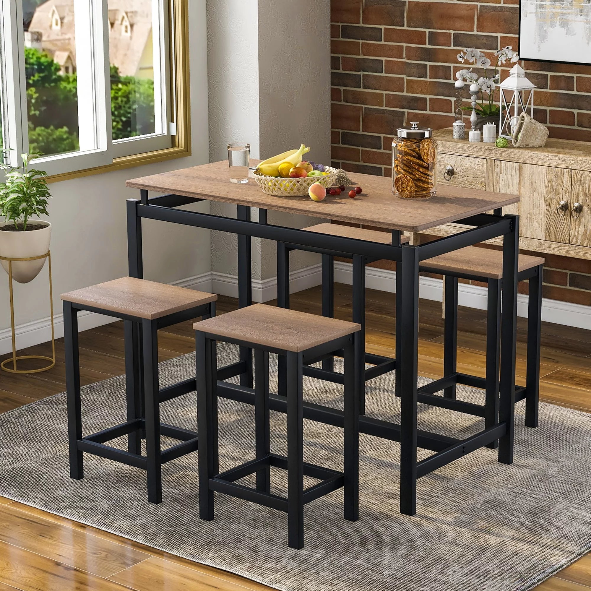 Bar Table and Chairs Set, 5-Piece Dining Table Set Industrial Counter Height Pub Table with 4 Chairs, Kitchen Breakfast Table Dark Brown