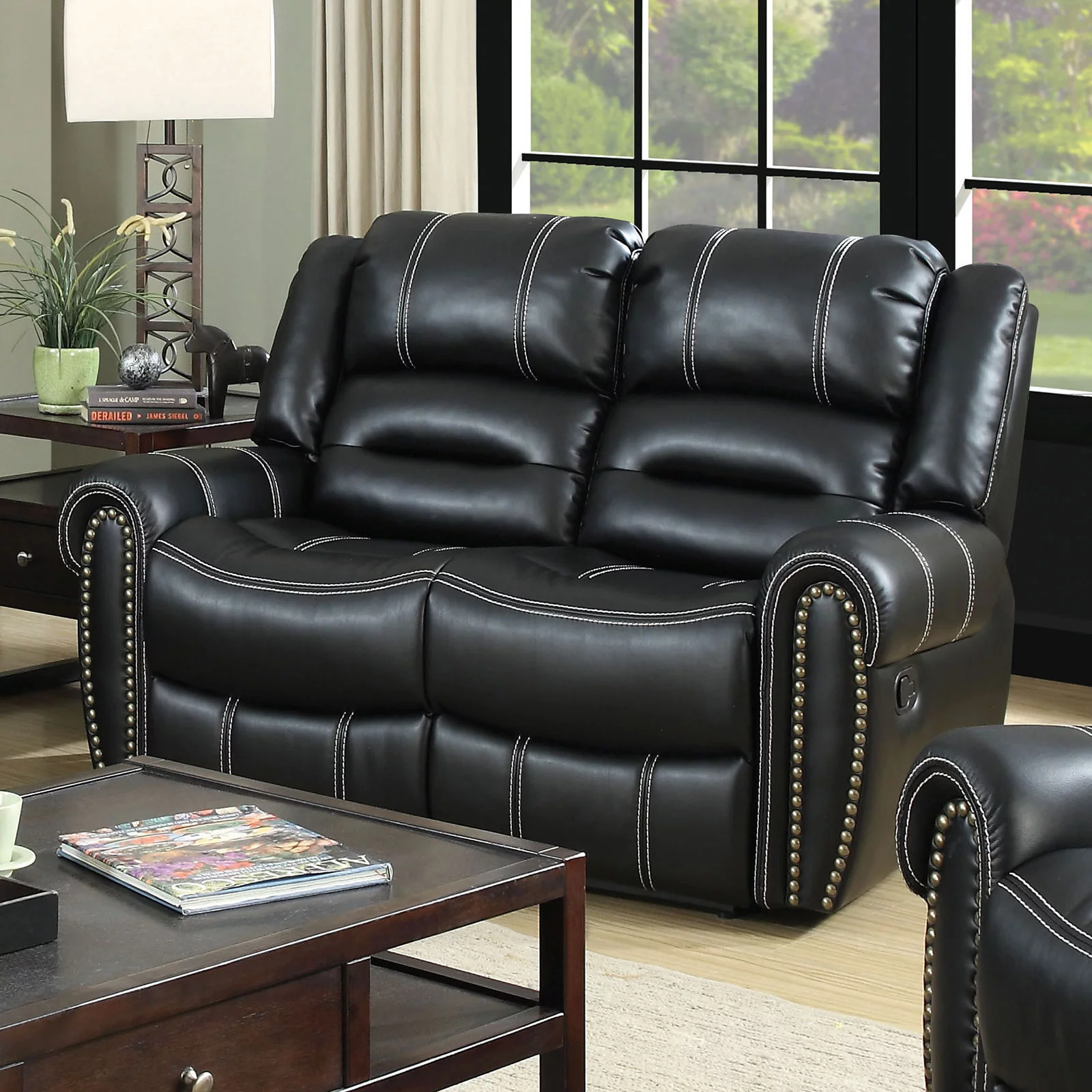 Black Leatherette Reclining Sofa And Loveseat 2pc Set Sofa Cushion Couch Nailheads Living Room Furniture Recliners