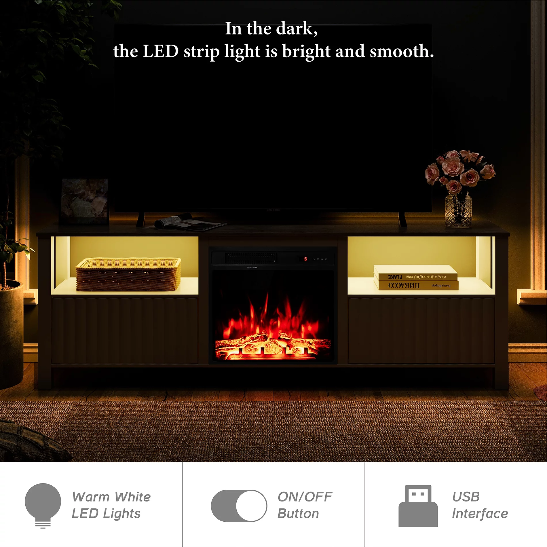 Fireplace TV Stand for TV's up to 75 Inch, LED Entertainment Center for 75 inch TV with Electric Fireplace for Living Room Bedroom, 70 inch, White