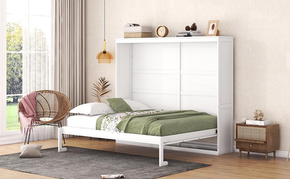 Full Size Murphy Bed with Drawers, Cabinets and USB Ports,Wood Murphy Bed Cabinet Bed Removable Shelves