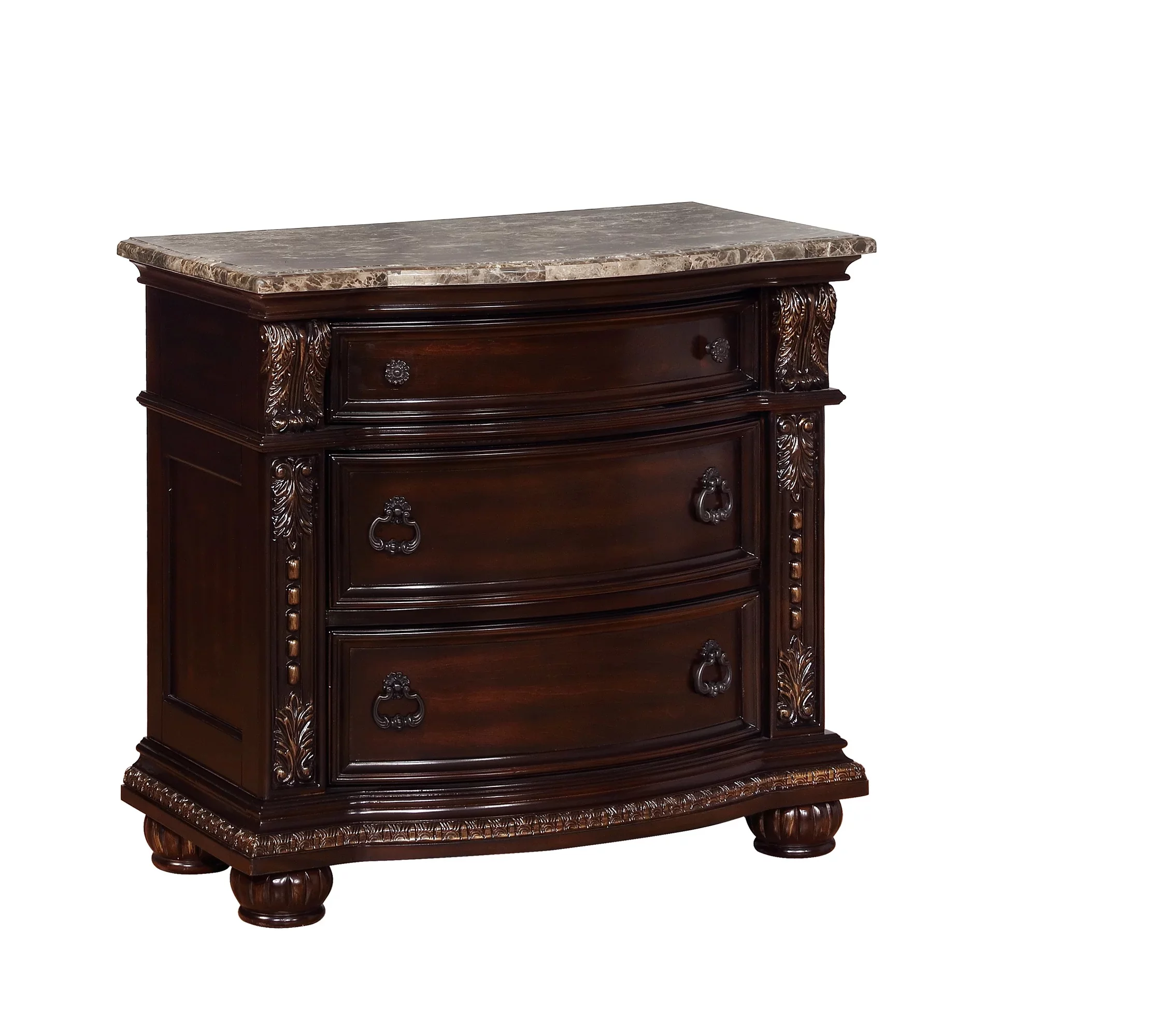 Traditional Formal 6pc Set King Size Faux Leather Upholstery Panel Bed Cherry Finish Marble Top Solid Wood Furniture