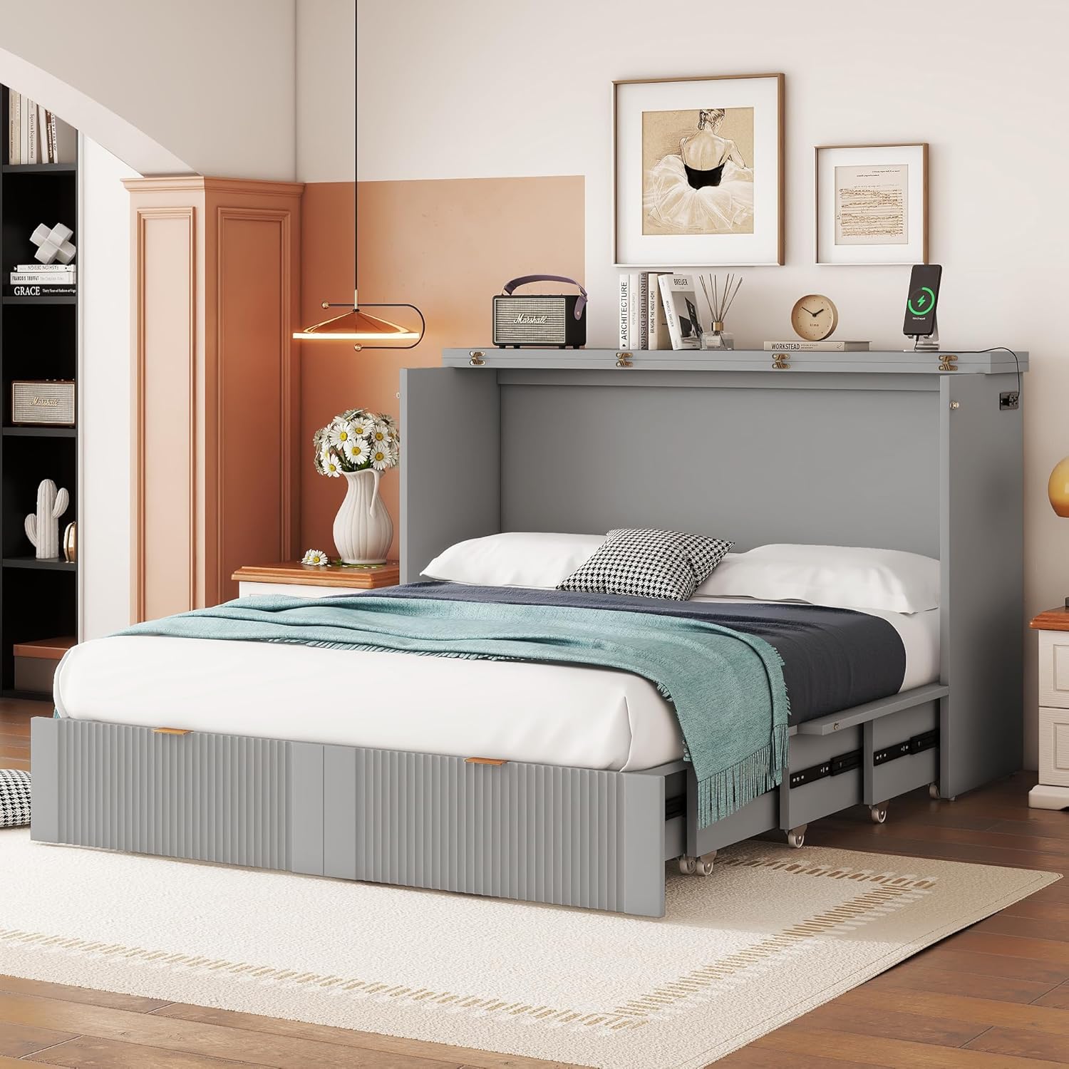 Full Size Murphy Bed Wall Bed with Storage Drawers, Foldable Platform Bed with A Set of Sockets, Cabinet Bed for Home Office or Small Room
