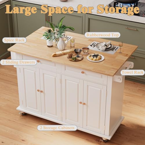 67’’ Movable Kitchen Island with Drop Leaf and Power Outlet, Lockable Sliding Countertop Rolling Island Cart with 2 Large Drawers, Spice, Towel Rack