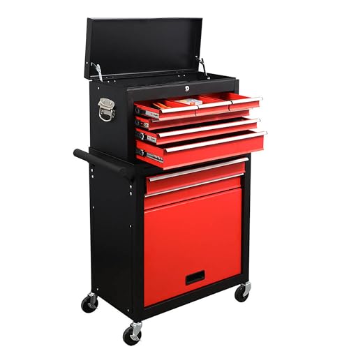KEIKI 8-Drawer Large Capacity Rolling Tool Chest, Detachable Cabinet Storage with Lock, Tool Box with Wheels for Workshop & Garage, Black Red