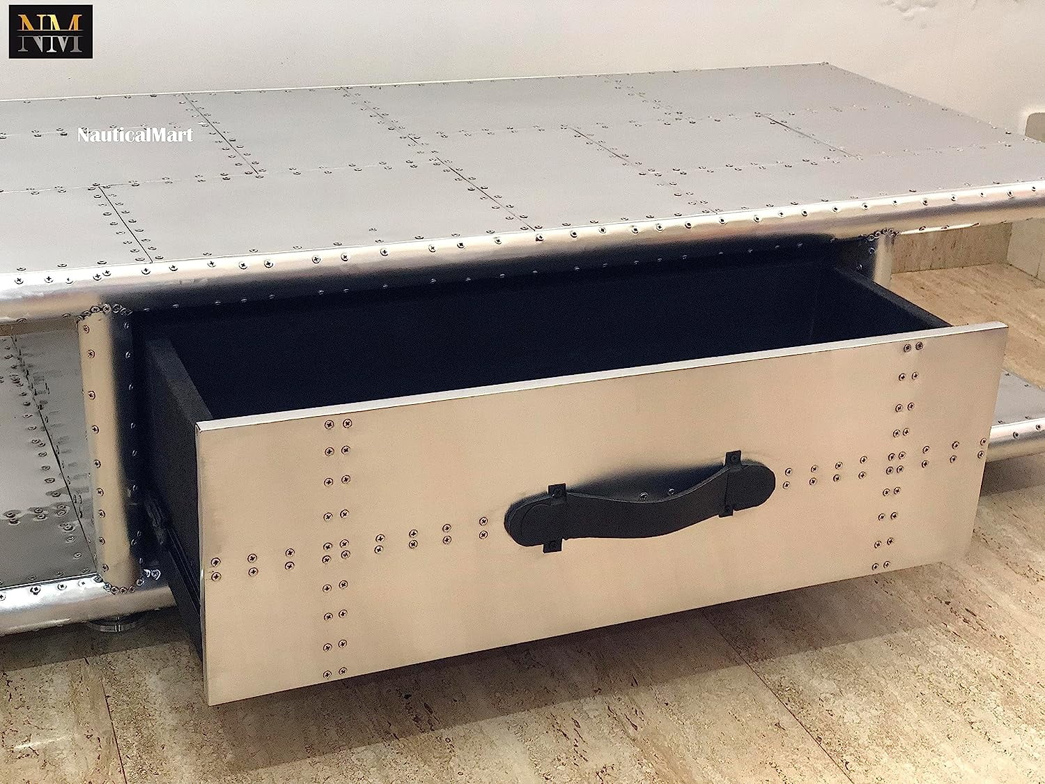 NauticalMart Aviator Coffee Table with Drawers Aluminum Rectangular Center Tea Table Housewarming Gift