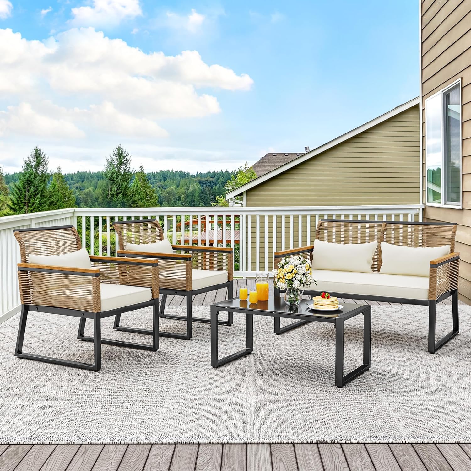 YITAHOME Patio Furniture Wicker Outdoor Bistro Set, 4-Piece All Weather Rattan Conversation Loveseat for Backyard