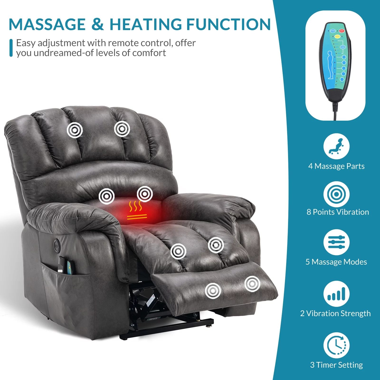 OUINCH Large Dual Motor Lay Flat Sleeper Power Lift Recliner Chair for Elderly with Heat and Massage, 2 Remote Controls, 2 USB Ports & 2 Side Pockets
