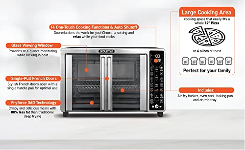 Gourmia Toaster Oven Air Fryer Combo 17 cooking presets 1700W french door digital air fryer oven 24L capacity accessories, convection rack