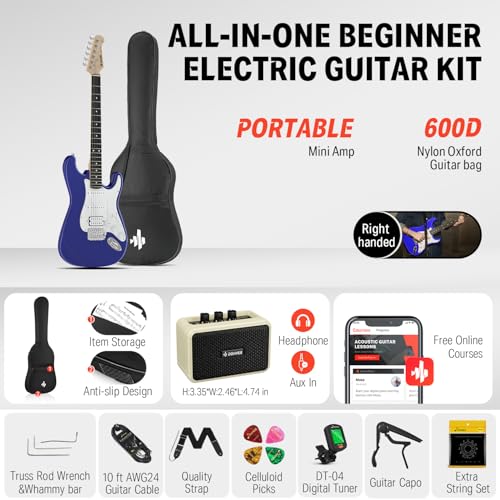 Donner DST-100B 39 Inch Electric Guitar Beginner Kit Solid Body Full Size Black HSS for Starter, with Amplifier, Bag, Digital Tuner, Capo, Strap