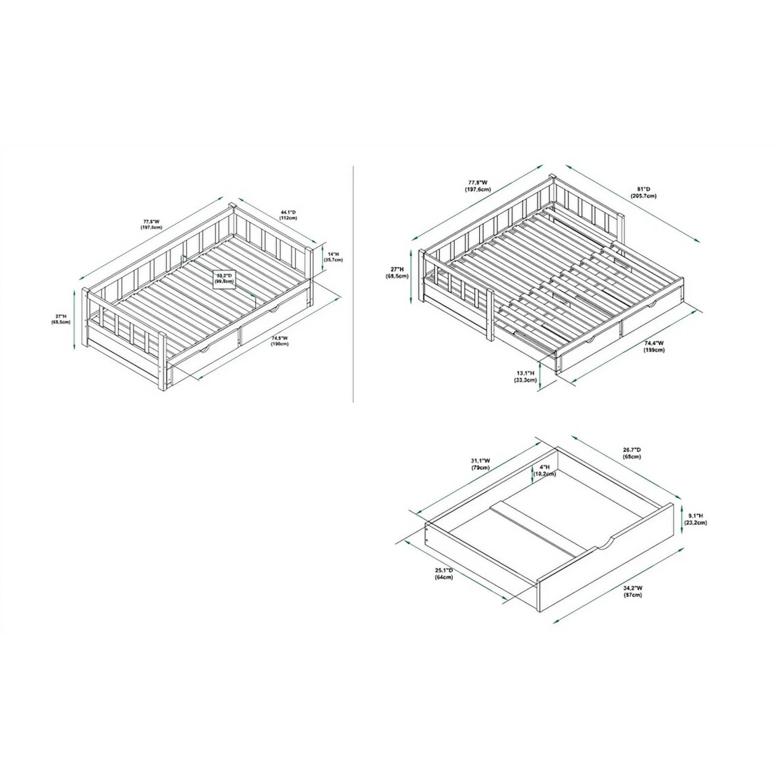 Linon Macey Wood Storage Trundle Daybed in White