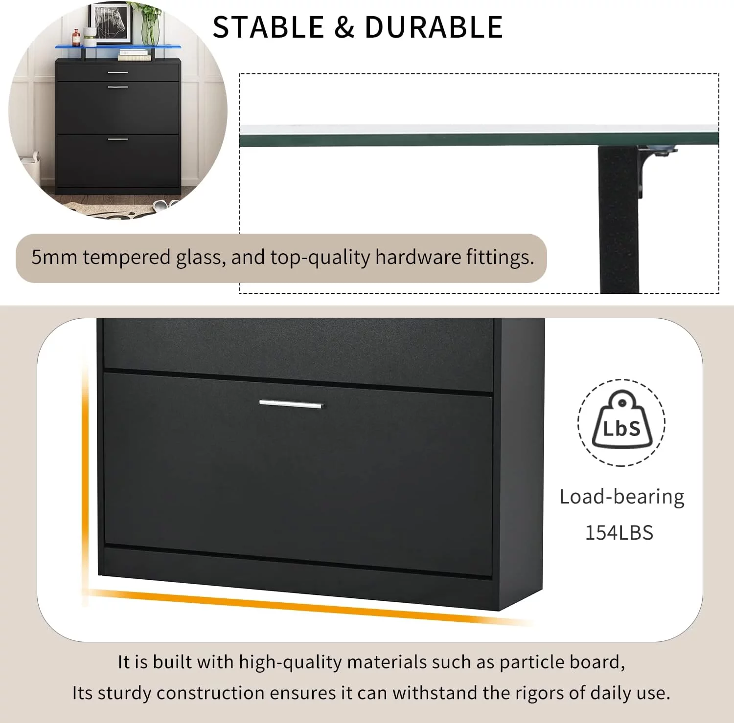 AngLink Slim Entryway Shoe Cabinet with 2 Flip Drawers, Modern Tempered Glass Top Shoe Storage Organizer with Drawer and Open Shelves