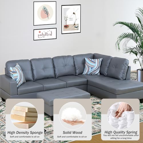 Faux Leather Sectional Sofa Couch with Storage Ottoman, L Shaped Couches for Living Room Furniture Sets、Offices、Apartments Furniture Sets