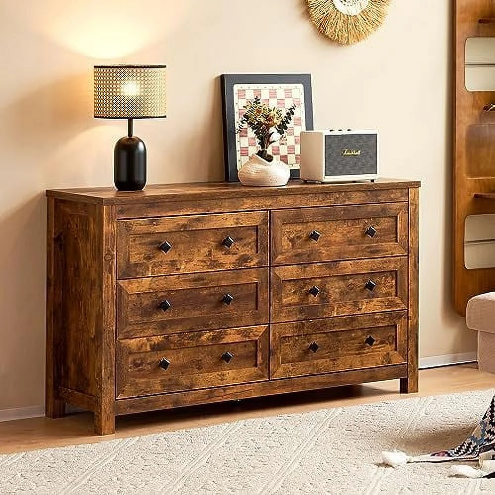 HOOMHIBIU 6 Drawers Dresser for Bedroom  Farmhouse Wood Chest of Drawers with Vintage Grain Texture  Drawer Double Dresser for Bedroom  Living Room