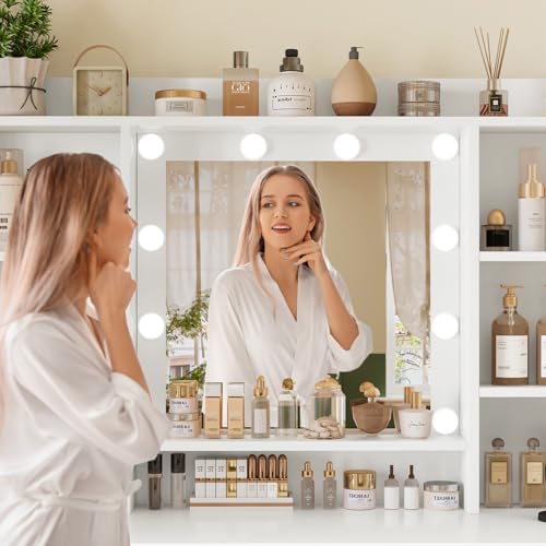 Vanity Desk with Mirror and Lights, Power Outlet, Makeup Vanity with 9 Drawers & 6 Open Storage Shelves, 3 Lighting Modes Brightness Adjustable, White