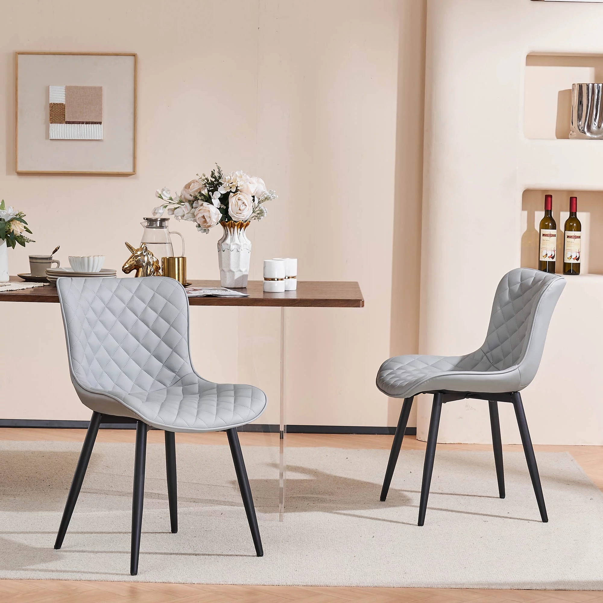 YOUNIKE Dining Chairs Set of 2 PU Leather Diamond Grid Upholstered Modern Dining Room Side Chair, Gray