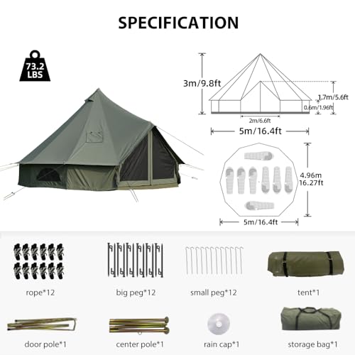 Cotton Canvas Bell Tent with Stove Jack, Roomy Yurt for Family Glamping Camping, 4 Season Tent with Zipped Removable Floor