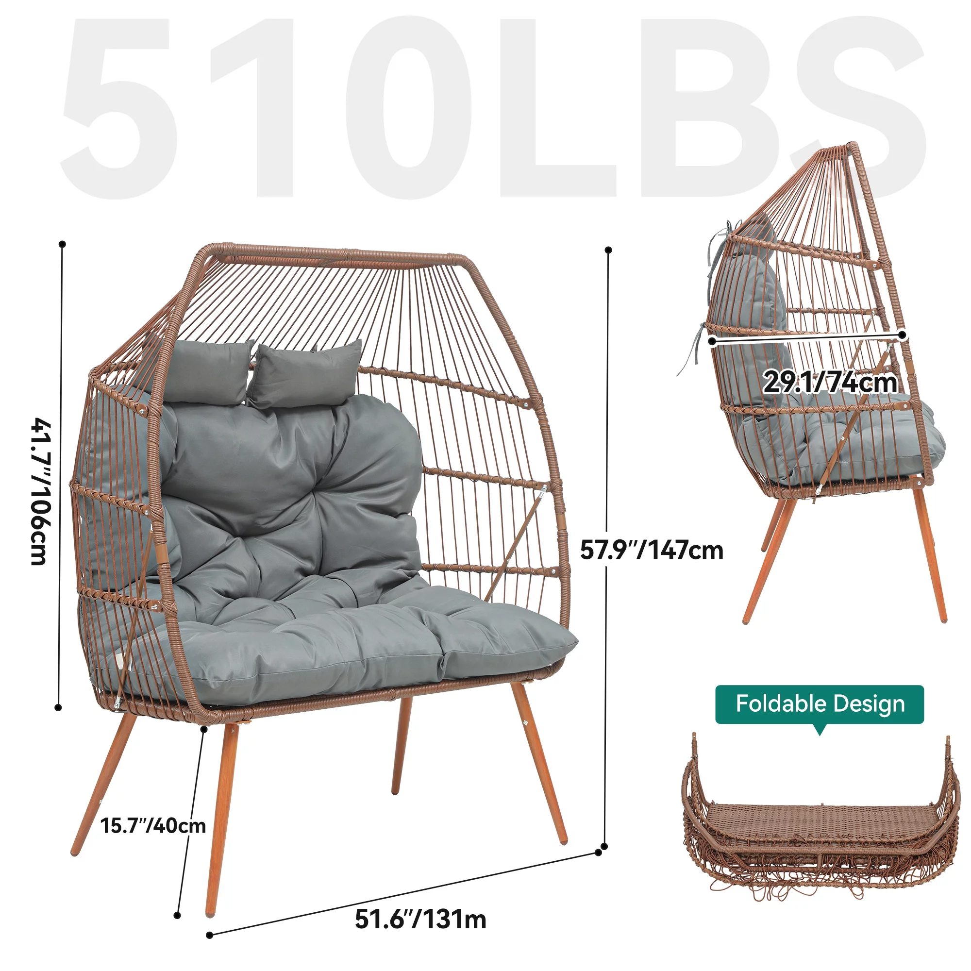 Dextrus Double Egg Chair with Legs 2 Person Wicker Egg Chair Indoor Outdoor Patio Egg Chair with Cushions 510lbs for Patio, Bedroom