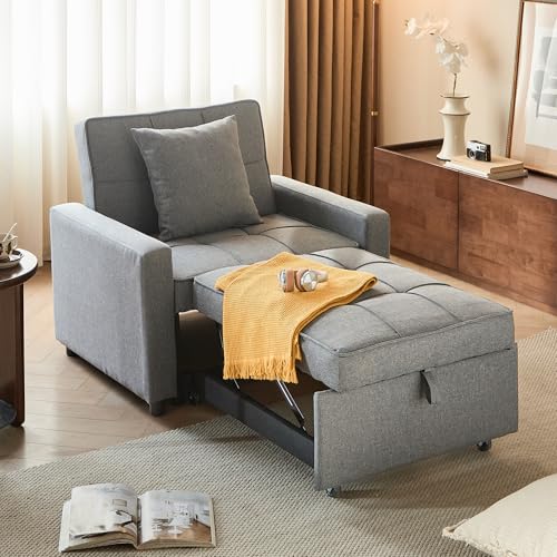 Sofa Bed Chair Convertible ，Sleeper Sofa with Pull-Out Bed ，3-in-1 Futon Couch with Reclining Backrest and Side Pocket (Blue, 35.6‘)