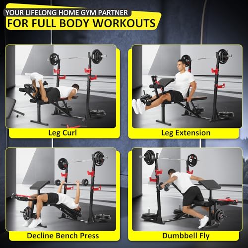 Professional Olympic Weight Bench Set with Squat Rack Adjustable Bench Press with Leg Extension and Curl Heavy-Duty Bench Press Preacher Curl Bench
