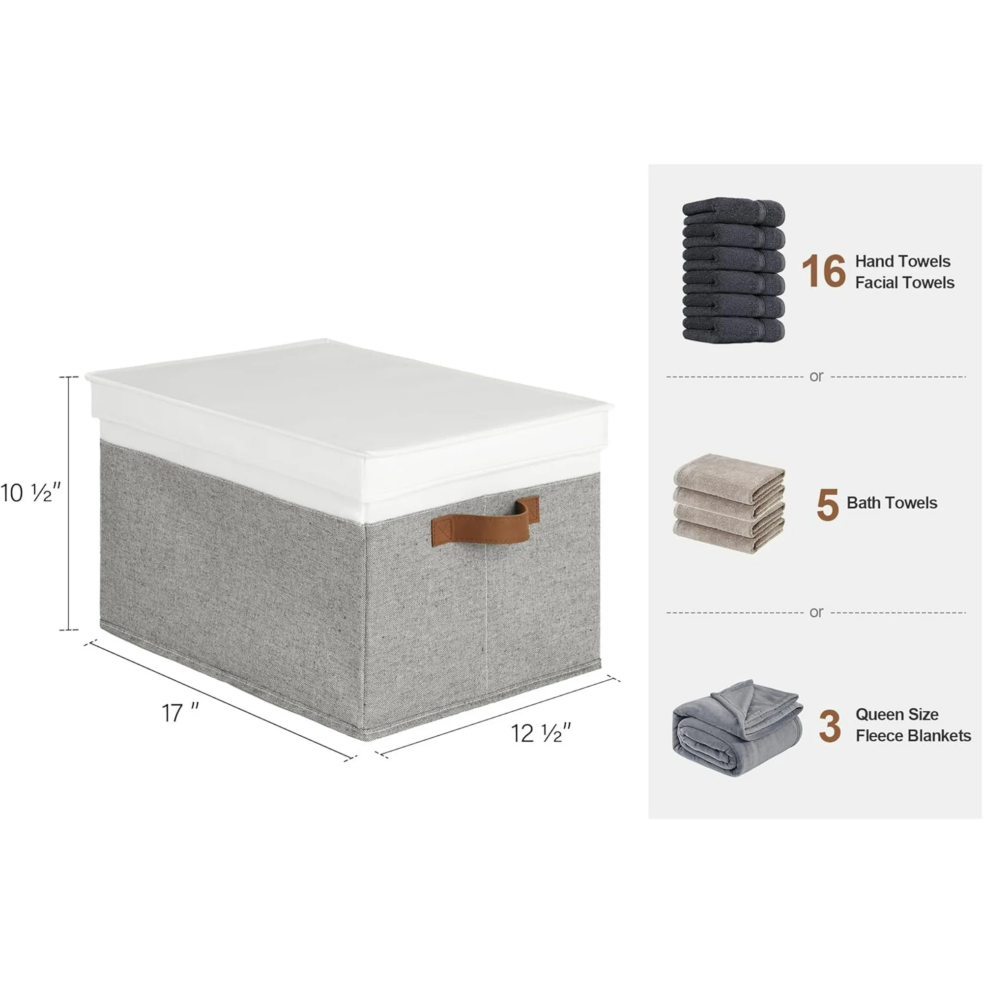 Storage Bins with Lids, Decorative Storage Boxes with Lid and PU Handles, Foldable Storage Baskets for Closet, Shelves, Stackable, Grey and White