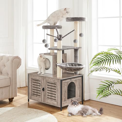 HOOBRO Cat Tree with Litter Box Enclosure, 27.6" L x 18.9" W x 52" H, All-in-One Wooden Cat Tower, Cat Furniture for Indoor Cats