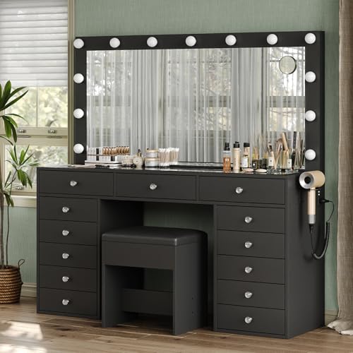55" W Vanity Desk, Makeup Vanity with Charging Station, 15 Drawers with Lighted Mirror, 3 Lighting Modes, Brightness Adjustable, Glass Top
