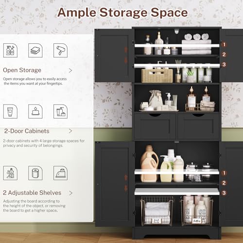57.8“H Tall Bathroom Cabinet, Storage Cabinet with 2 Drawers & 2 Adjustable Shelves, Bathroom Storage Cabinet with 4 Doors