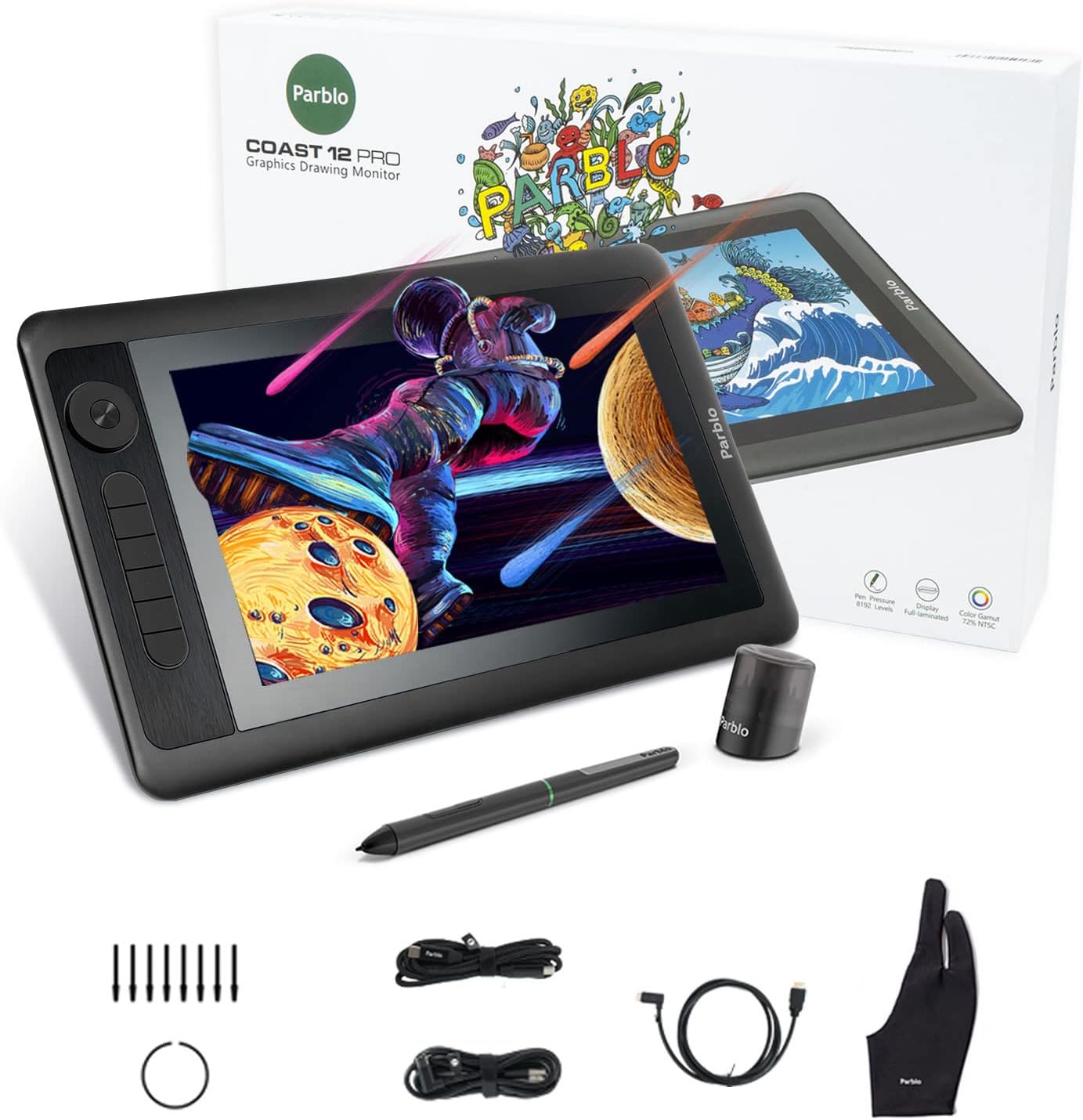 Parblo Graphic Drawing Monitor Coast12 Pro Drawing Tablet with Screen Drawing Monitor Pen Display with Stand Tilt Function Battery-Free Stylus 8192