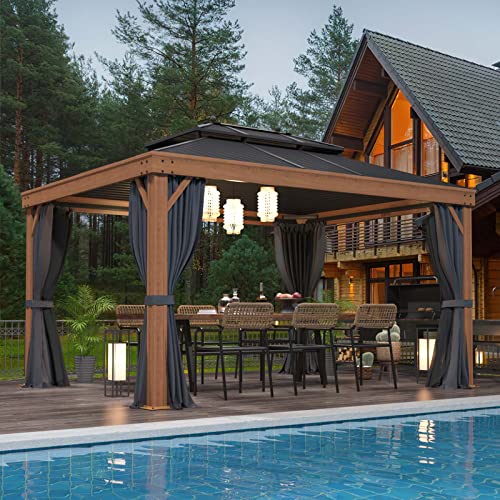 EROMMY 12'x20' Hardtop Gazebo Double Roof Galvanized Steel Canopy Outdoor Aluminum Frame Permanent Metal Pavilion with Netting and Curtains for Patio