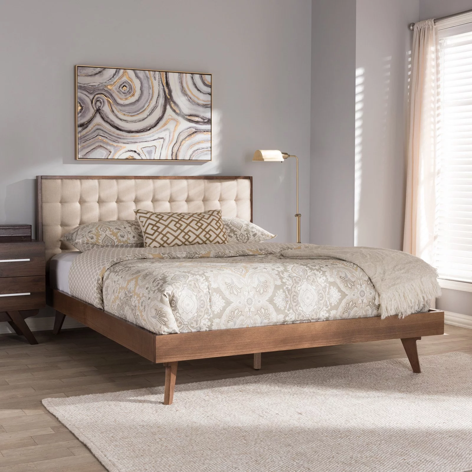 Baxton Studio Soloman Mid-Century Modern Light Beige Fabric and Walnut Brown Finished Wood Platform Bed, Multiple Sizes