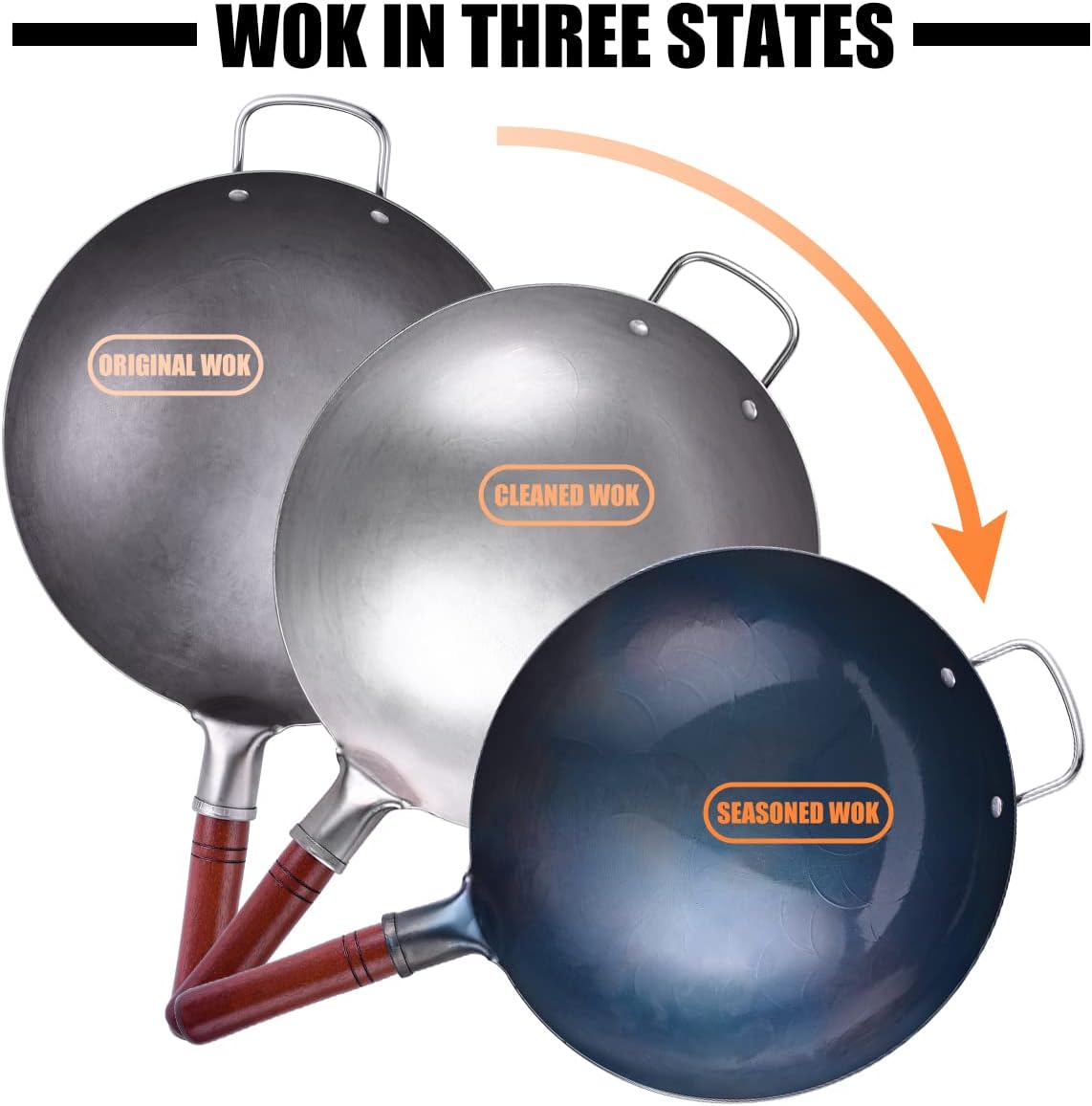 Carbon Steel Wok Traditional Hand Hammered Wok - 13.4” Chinese Wok Round Bottom Wok Pan Set with 8 Pcs Cookware Accessories