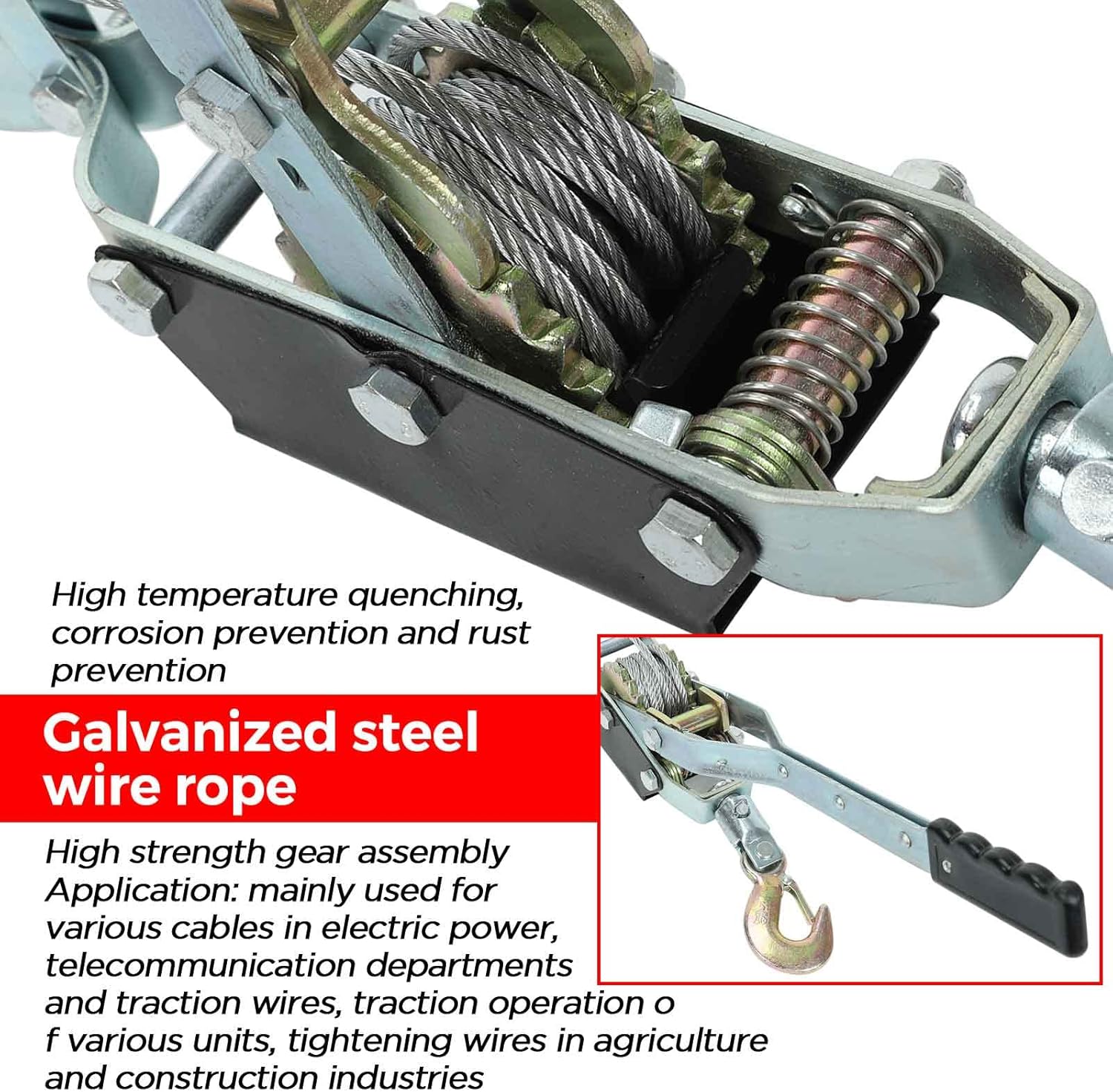 4 Ton Heavy Duty 3 Hook Steel Cable Dual Gear Power Ratchet Come Along Puller Tool，Automotive Hoist Cable Puller