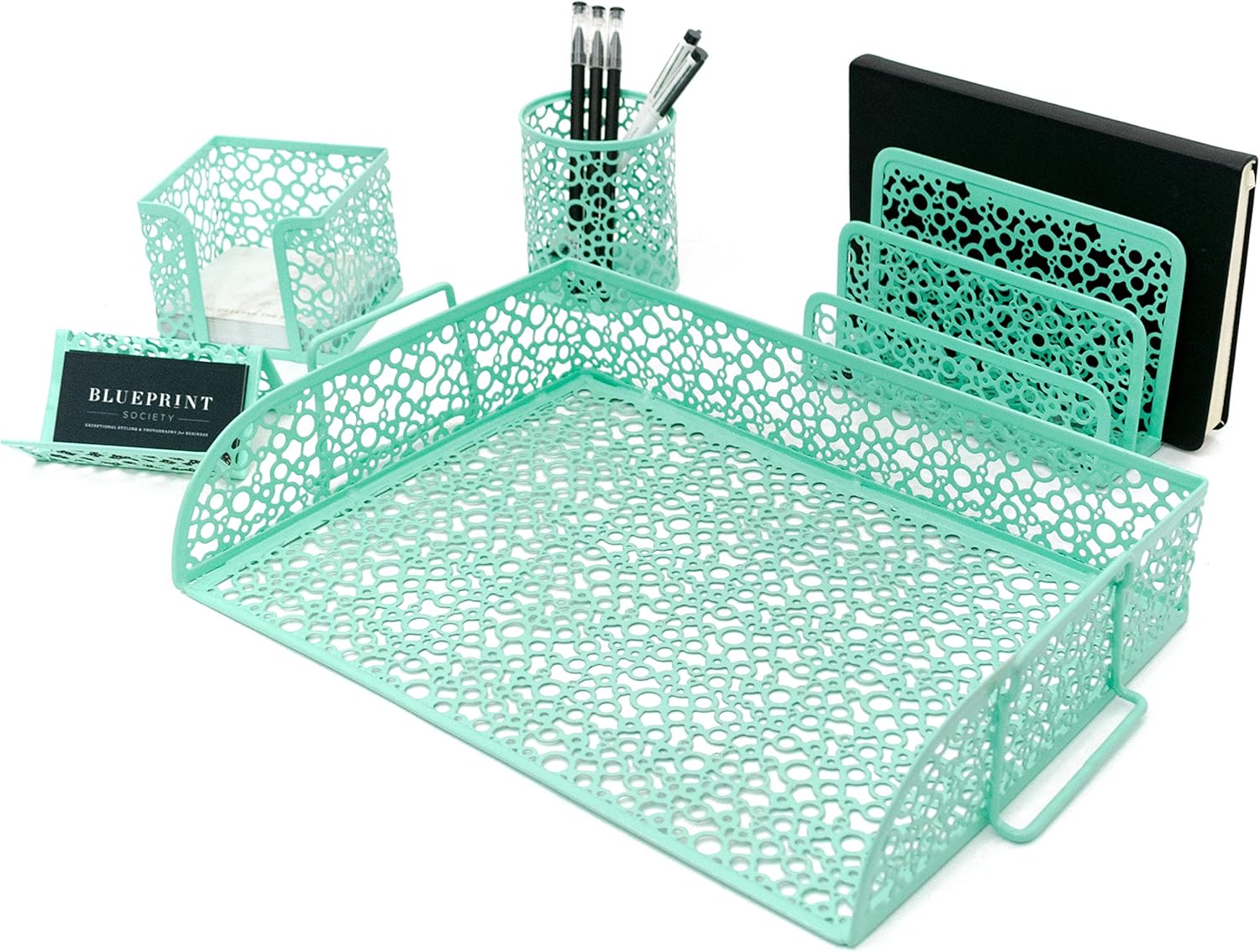 Blu Monaco Office Supplies Mint Green Desk Organizers and Accessories-5 Piece Cute Desk Organizer Set-Letter Tray-Pen Cup-Sticky Note Holder-Business