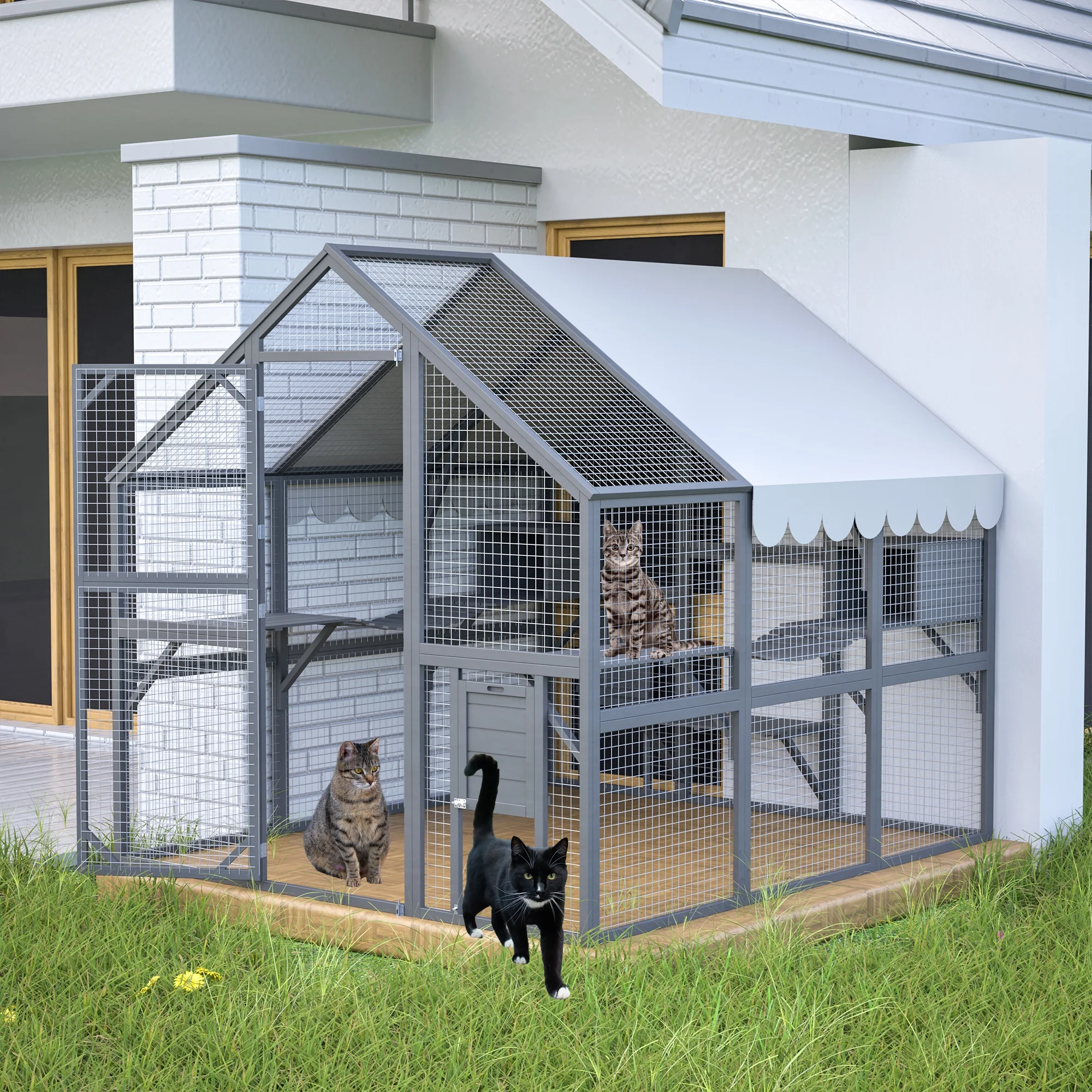 Montary Catio Outdoor Cat Enclosure with Window Access, 4-Tier Cat House with Wheels, Waterproof Roof &amp; Resting Box, Large Gray Cage