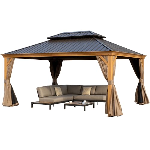 Kozyard Apollo 10’x12’ Hardtop Gazebo, Wooden Coated Aluminum Frame Canopy with Galvanized Steel Double Roof