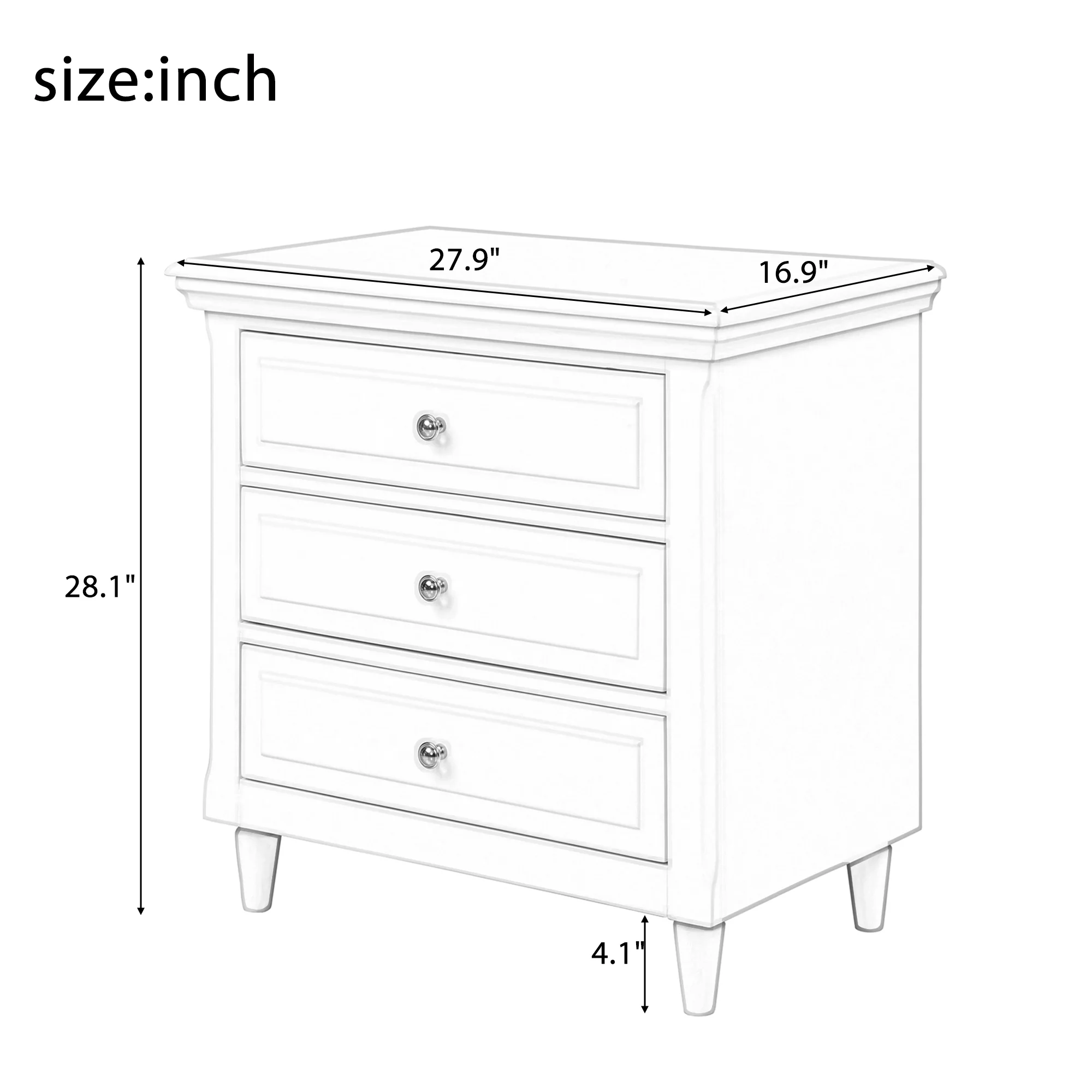 EUROCO 27.9" Oversized 3-Drawer Nightstand ,Solid Wood End Table Storage Cabinet for Bedroom, Living Room, White