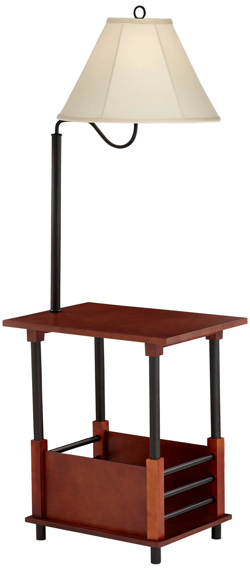Regency Hill Marville Mission Rustic Farmhouse Floor Lamp with End Table 55" Tall Wood Open Crate Swing Arm Off White Empire Shade for Living Room