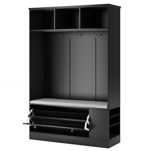 Wide Design Hall Tree with Storage and Bench, 4-IN-1 Multi-functional Entryway Bench with Coat Rack and Shoe Cubbies, Practical Furniture for Hallway